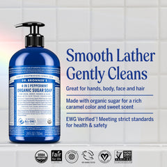 Dr. Bronner's Peppermint Sugar Soap lathers hands for refreshing cleanse