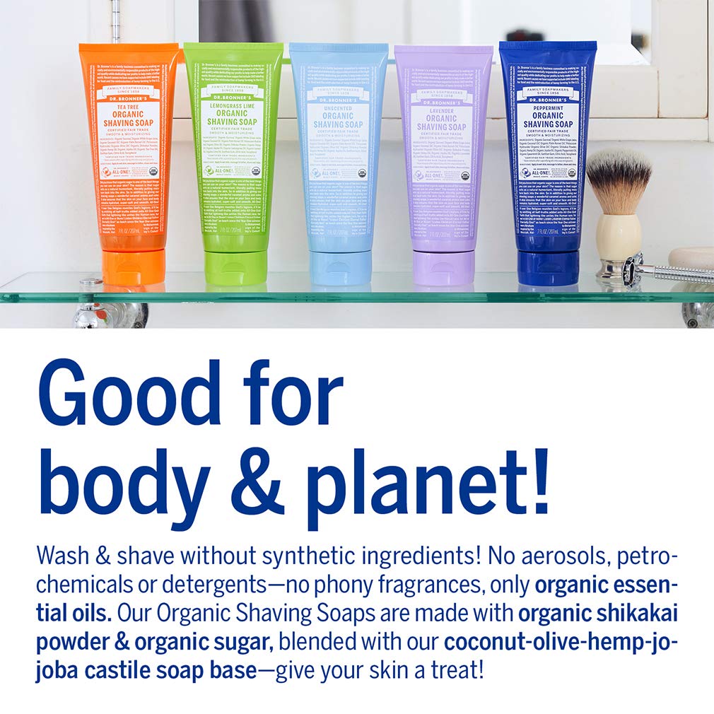 Dr. Bronner's Organic Tea Tree Shaving Soap uses fair trade palm kernel oil for rich foam