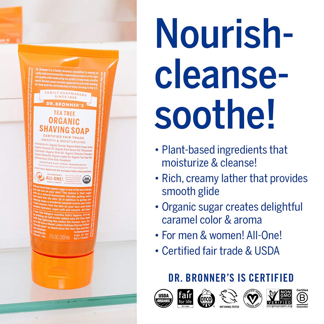 Dr. Bronner's Organic Tea Tree Shaving Soap ingredients show nourishing sugars and shikakai