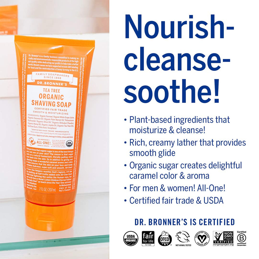 Dr. Bronner's Organic Tea Tree Shaving Soap ingredients show nourishing sugars and shikakai