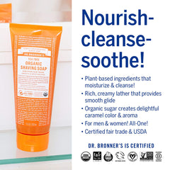 Dr. Bronner's Organic Tea Tree Shaving Soap ingredients show nourishing sugars and shikakai