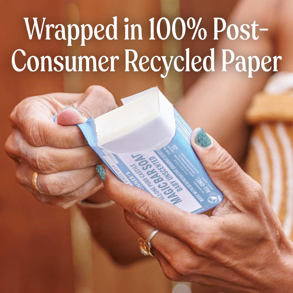 Dr. Bronner's packaging uses post-consumer recycled wrappers