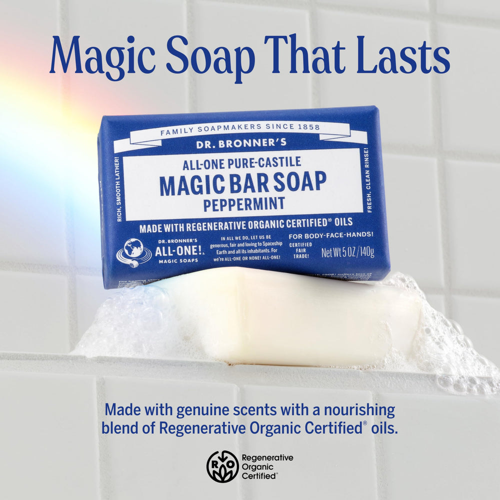 Dr. Bronner's Peppermint Pure-Castile bar soap lather close-up