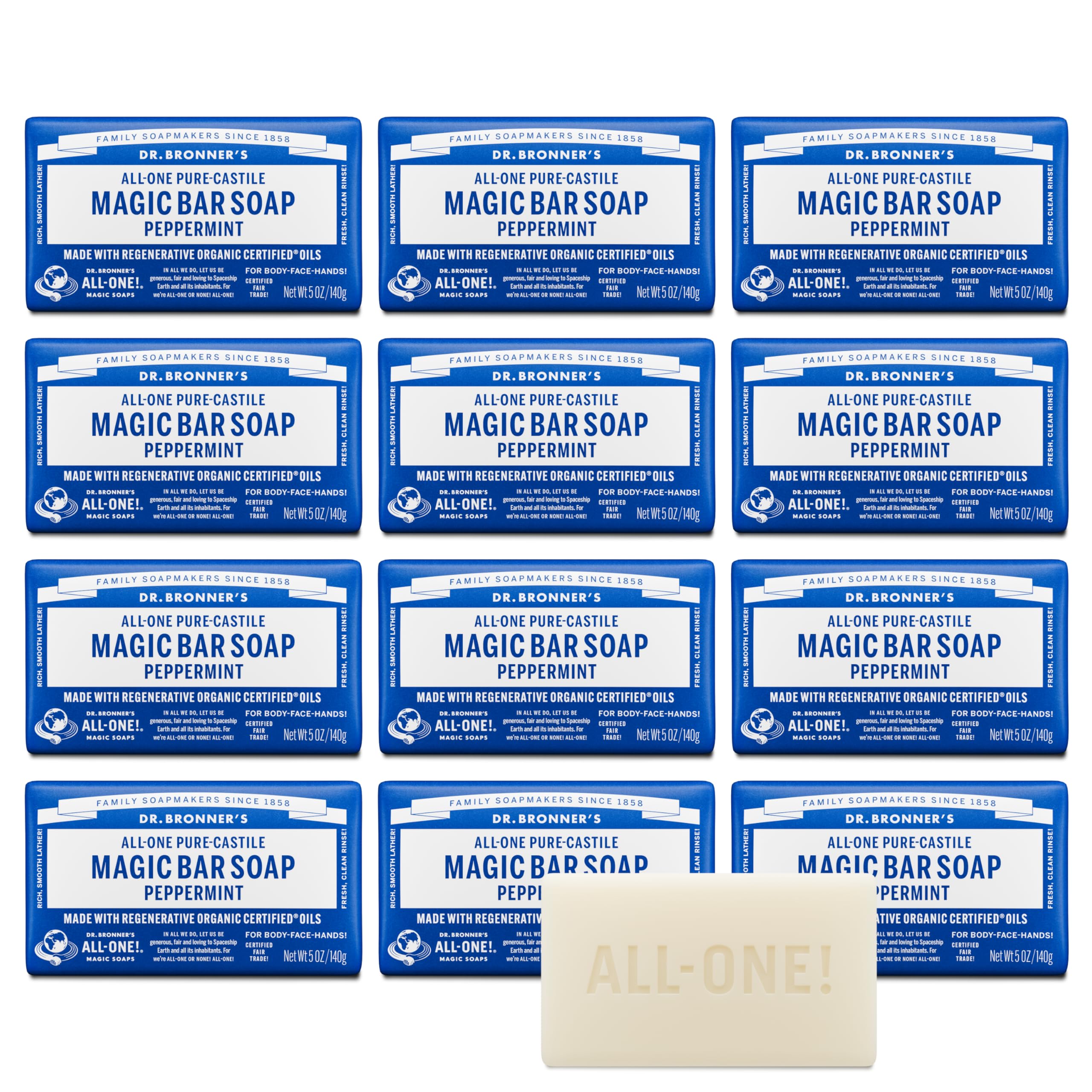 Dr. Bronner's Peppermint Pure-Castile bar soap packaging in recycled paper reduces waste
