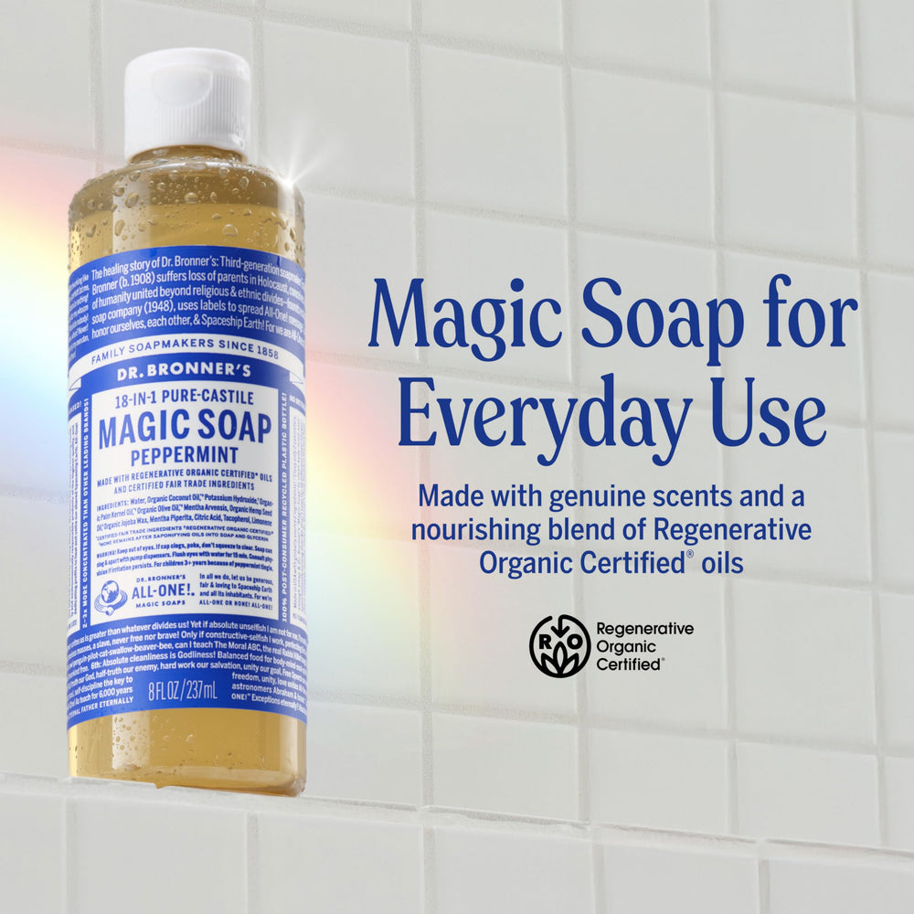 Dr. Bronner's Peppermint Pure-Castile lather highlights natural cleaning power.