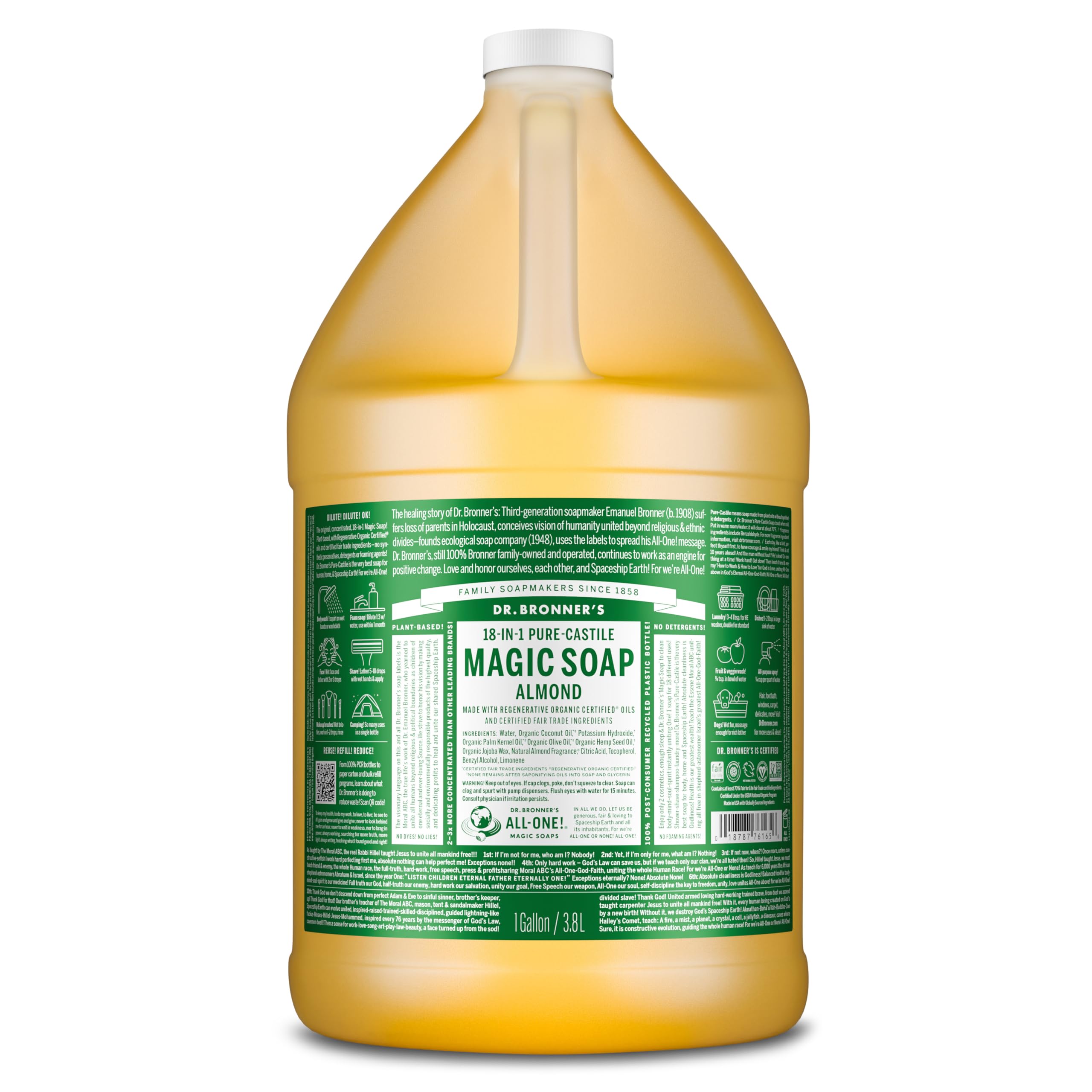 Dr. Bronner's Almond Pure-Castile bottle pour for versatile, sustainable cleaning.