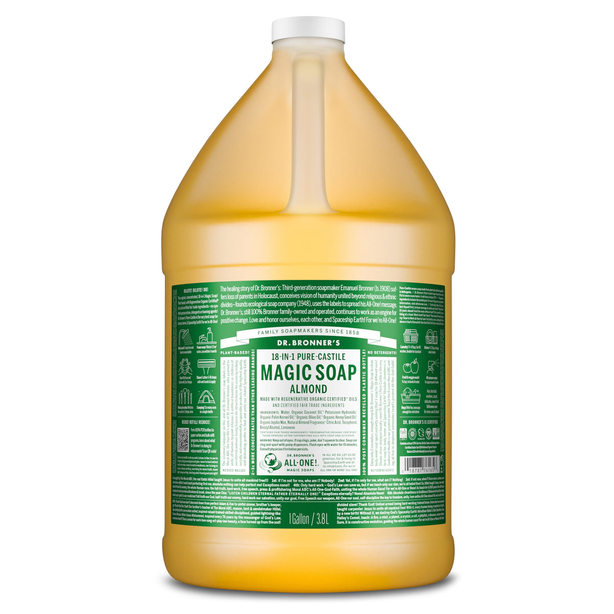 Dr. Bronner's Almond Pure-Castile bottle pour for versatile, sustainable cleaning.