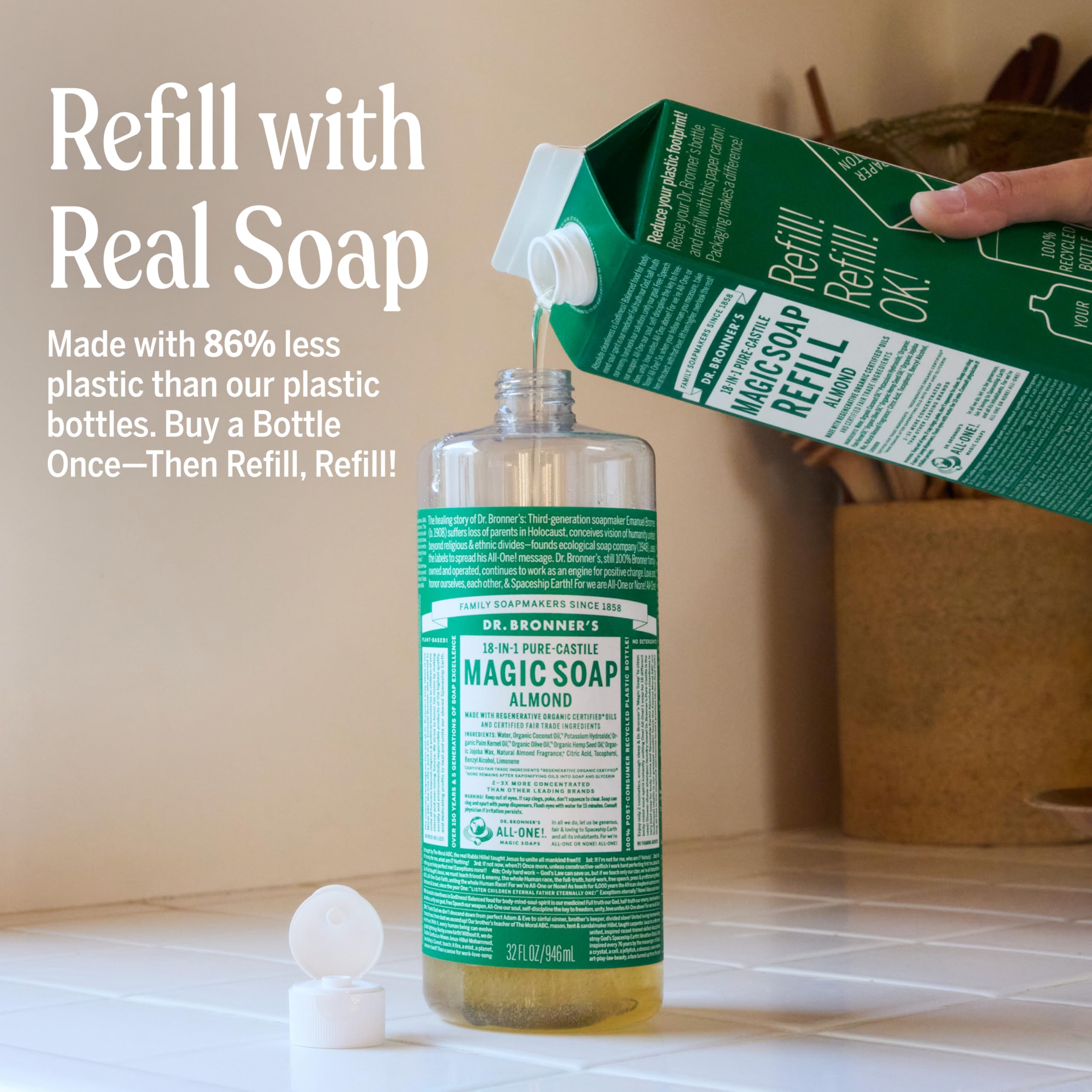 Dr. Bronner's Pure-Castile Almond lather close-up shows rich foam for skin and hair care.
