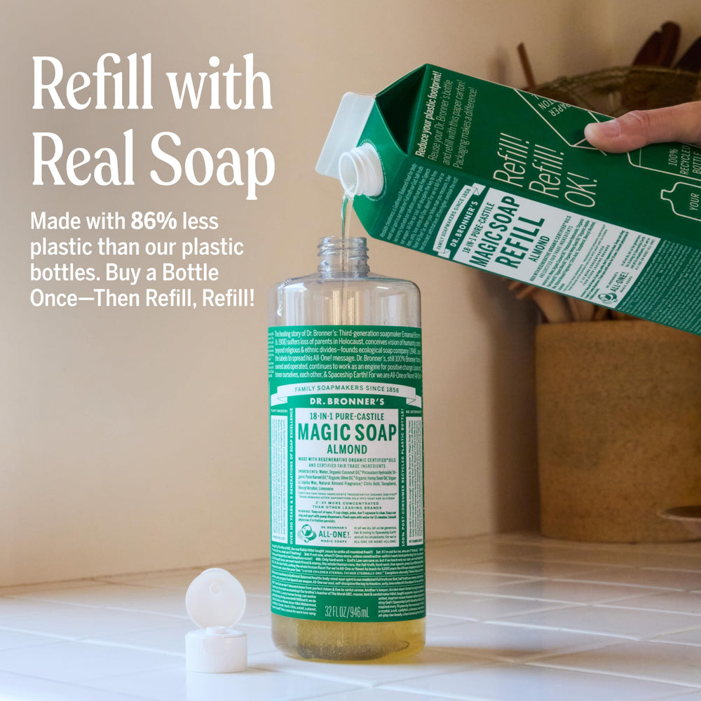 Dr. Bronner's Pure-Castile Almond lather close-up shows rich foam for skin and hair care.