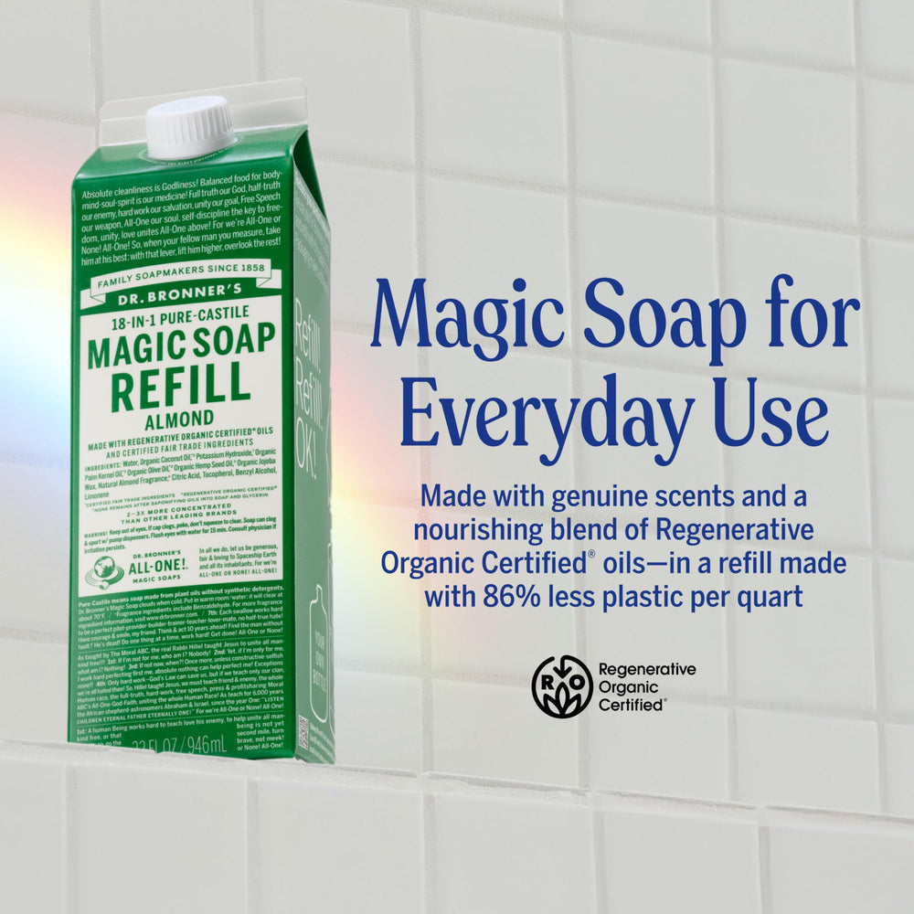 Dr. Bronner's almond liquid soap pouring for hand and body wash