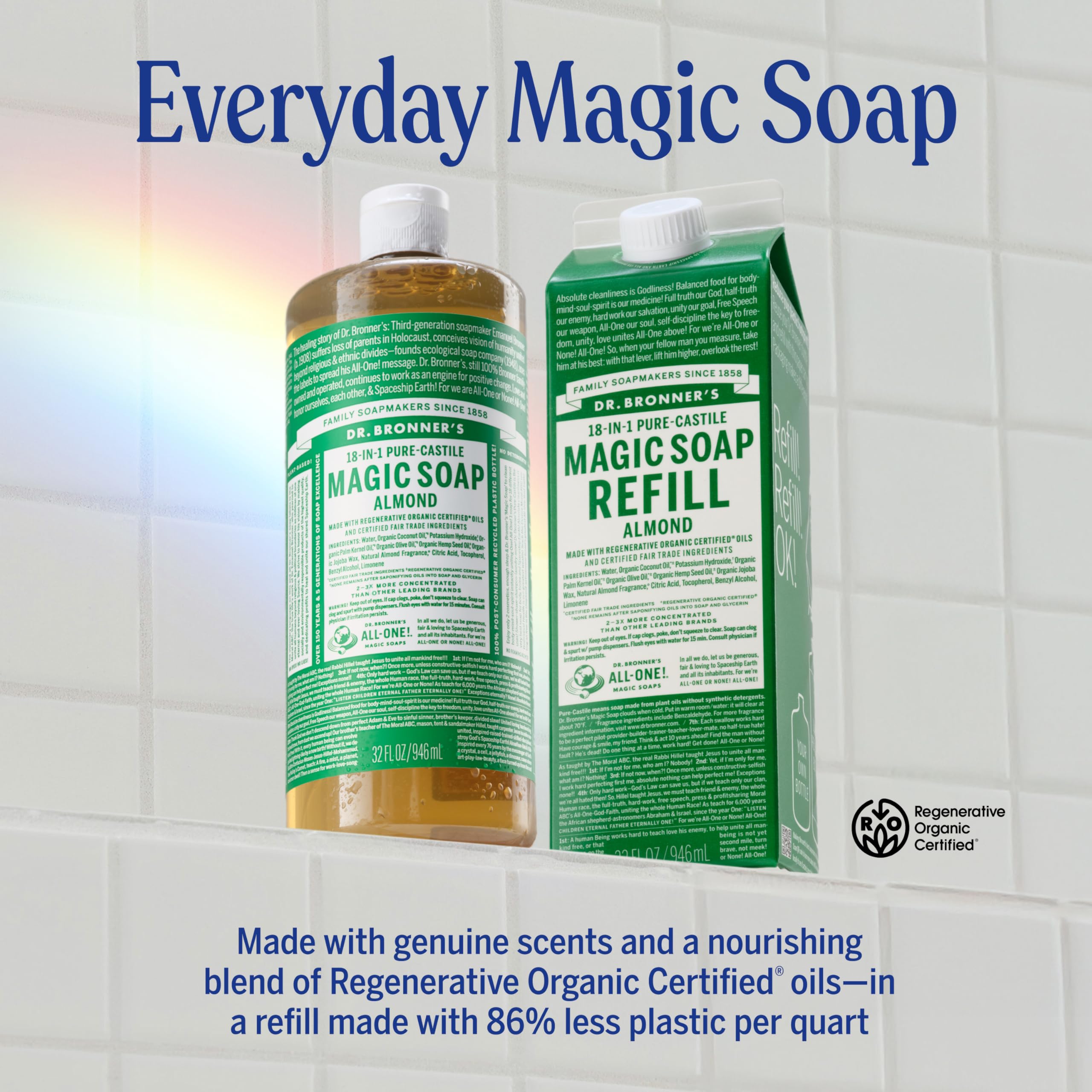 Dr. Bronner's Pure-Castile Almond pour-top demonstrates easy, concentrated cleaning power.