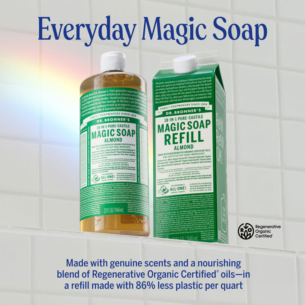 Dr. Bronner's Pure-Castile Almond pour-top demonstrates easy, concentrated cleaning power.
