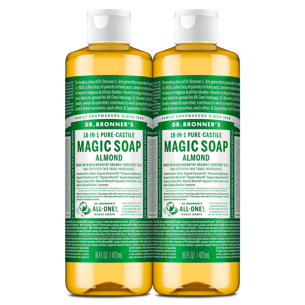 Dr. Bronner's Pure-Castile Almond Soap 16oz 2-pack delivers rich lather for daily cleansing.