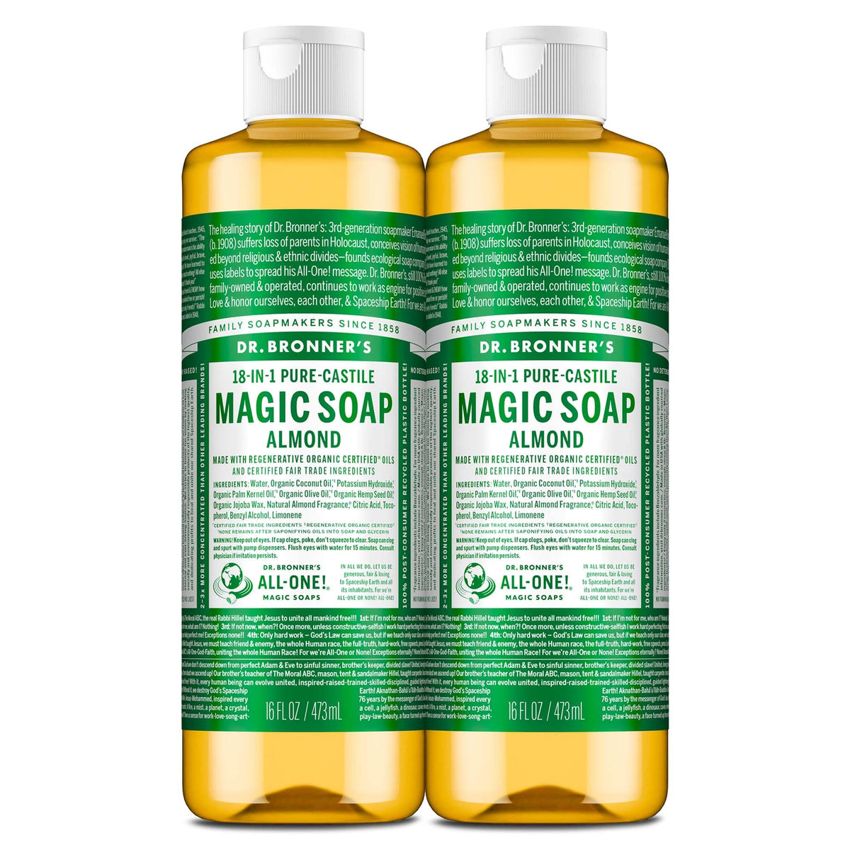 Dr. Bronner's Pure-Castile Almond Soap 16oz 2-pack delivers rich lather for daily cleansing.