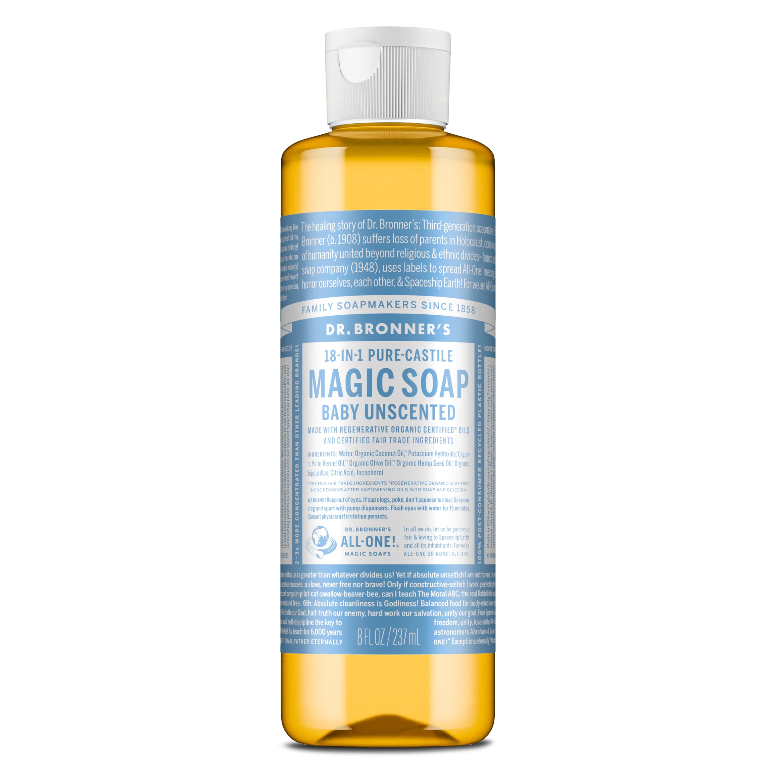 Dr. Bronner's Pure-Castile Baby Unscented bottle close-up for gentle cleansing