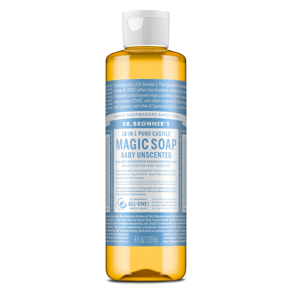 Dr. Bronner's Pure-Castile Baby Unscented bottle close-up for gentle cleansing