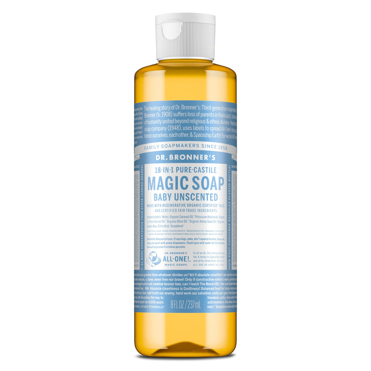 Dr. Bronner's Pure-Castile Baby Unscented bottle close-up for gentle cleansing