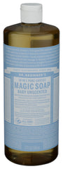 Dr. Bronner's Pure-Castile Baby Unscented Soap bottle shows fragrance free formula for sensitive skin
