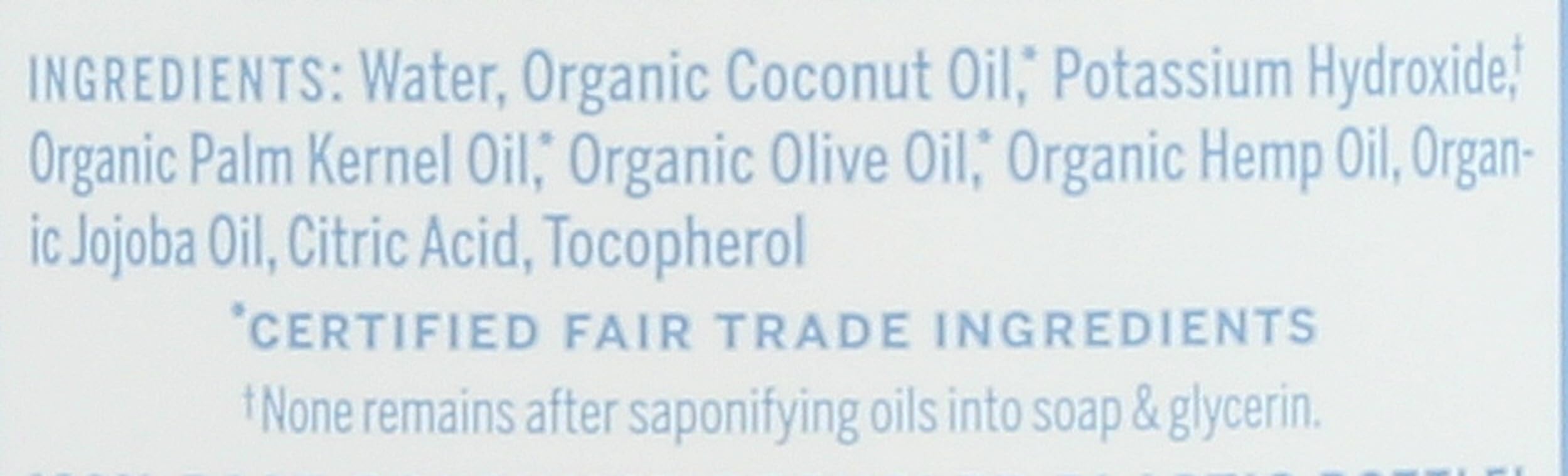 Close-up of Dr. Bronner's label highlighting USDA organic and fair trade ingredients