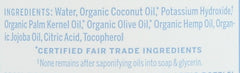 Close-up of Dr. Bronner's label highlighting USDA organic and fair trade ingredients