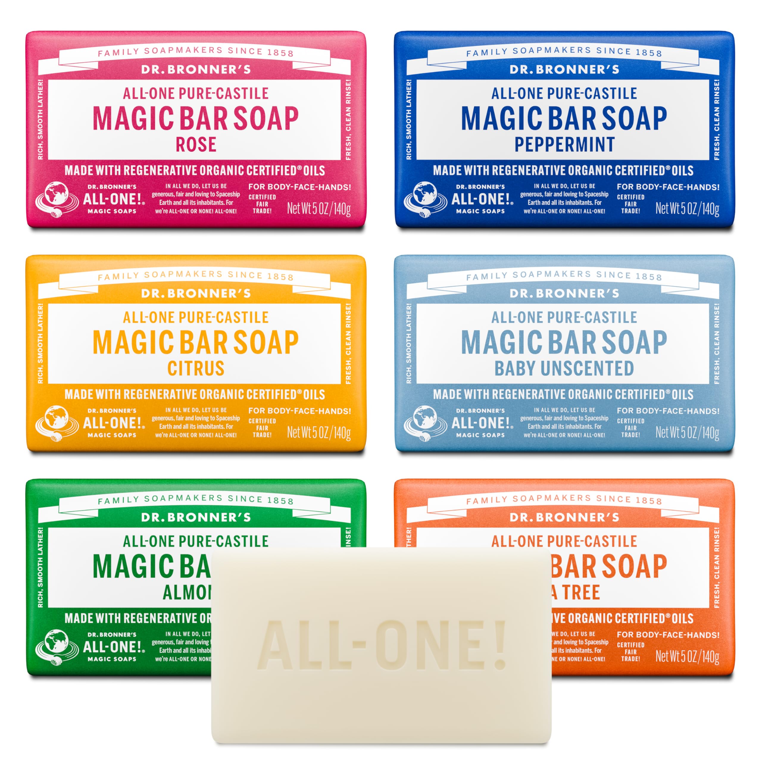 Dr. Bronner's Pure-Castile Almond bar soap with creamy lather for gentle cleansing.