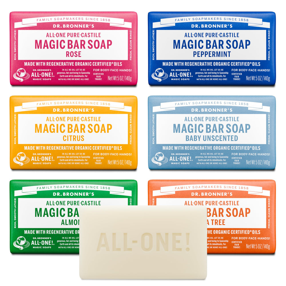 Dr. Bronner's Pure-Castile Almond bar soap with creamy lather for gentle cleansing.