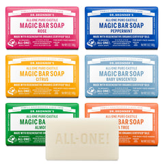 Dr. Bronner's Pure-Castile Almond bar soap with creamy lather for gentle cleansing.