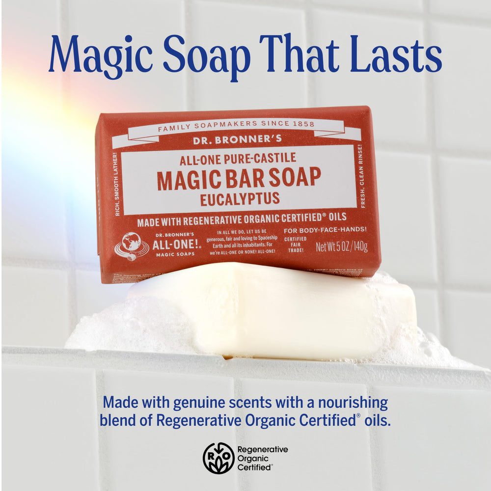 Dr. Bronner’s Pure-Castile Bar Eucalyptus with rich lather for skin.
