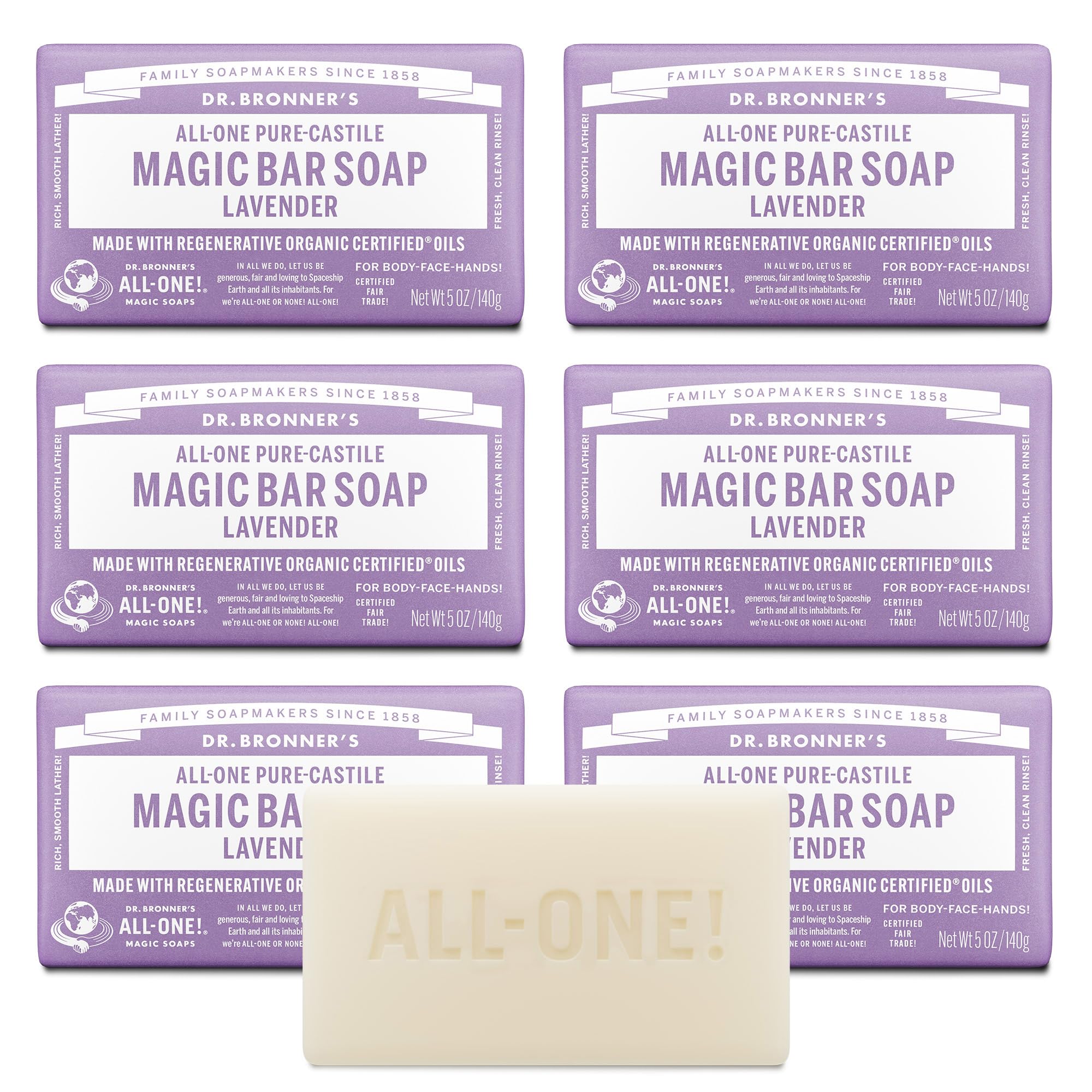 Dr. Bronner's lavender Pure-Castile bar pack for gentle face, body, and hair cleansing.