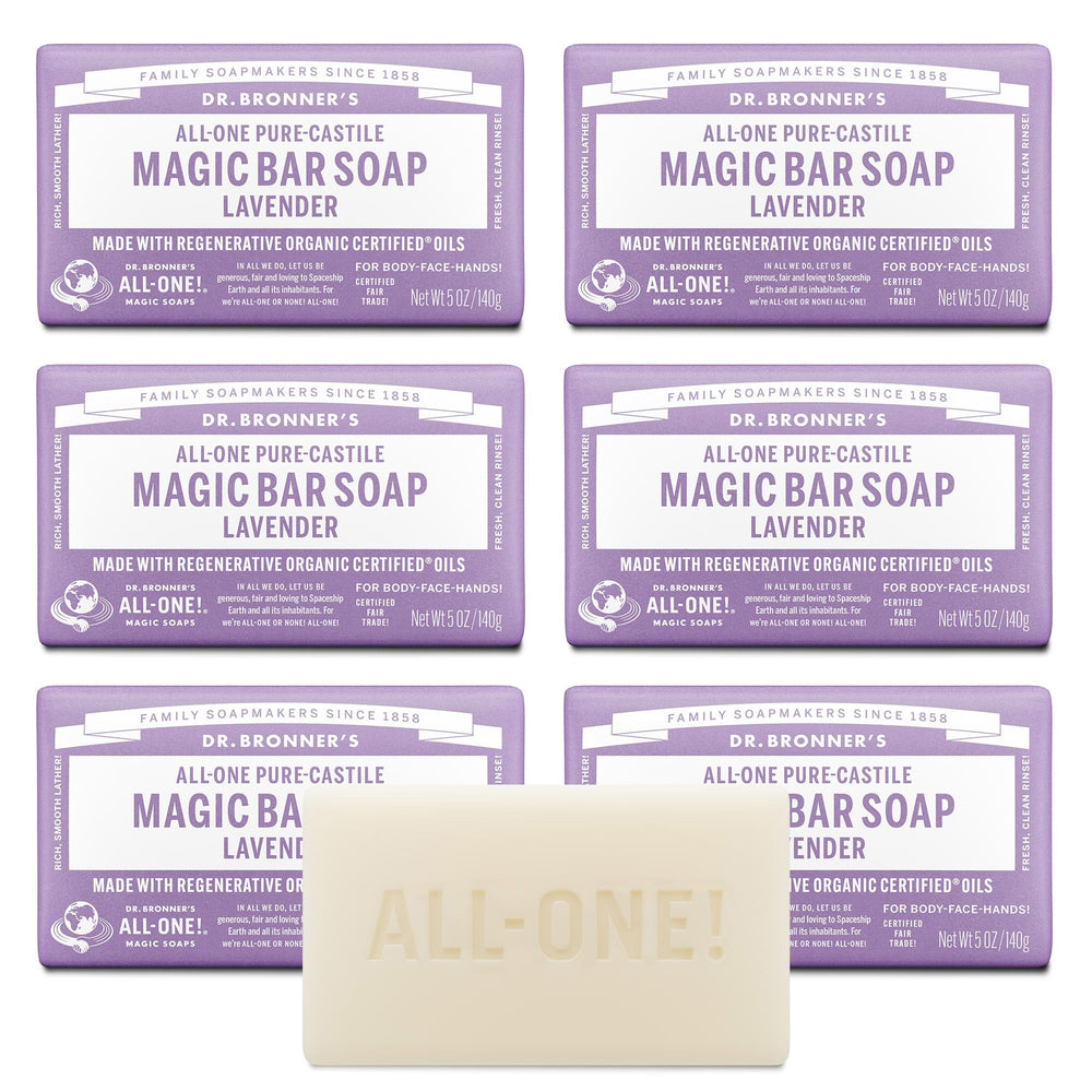 Dr. Bronner's lavender Pure-Castile bar pack for gentle face, body, and hair cleansing.