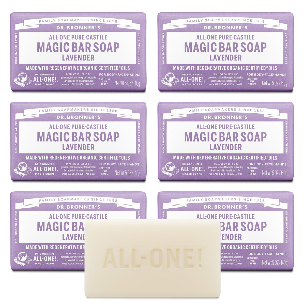 Dr. Bronner's lavender Pure-Castile bar pack for gentle face, body, and hair cleansing.