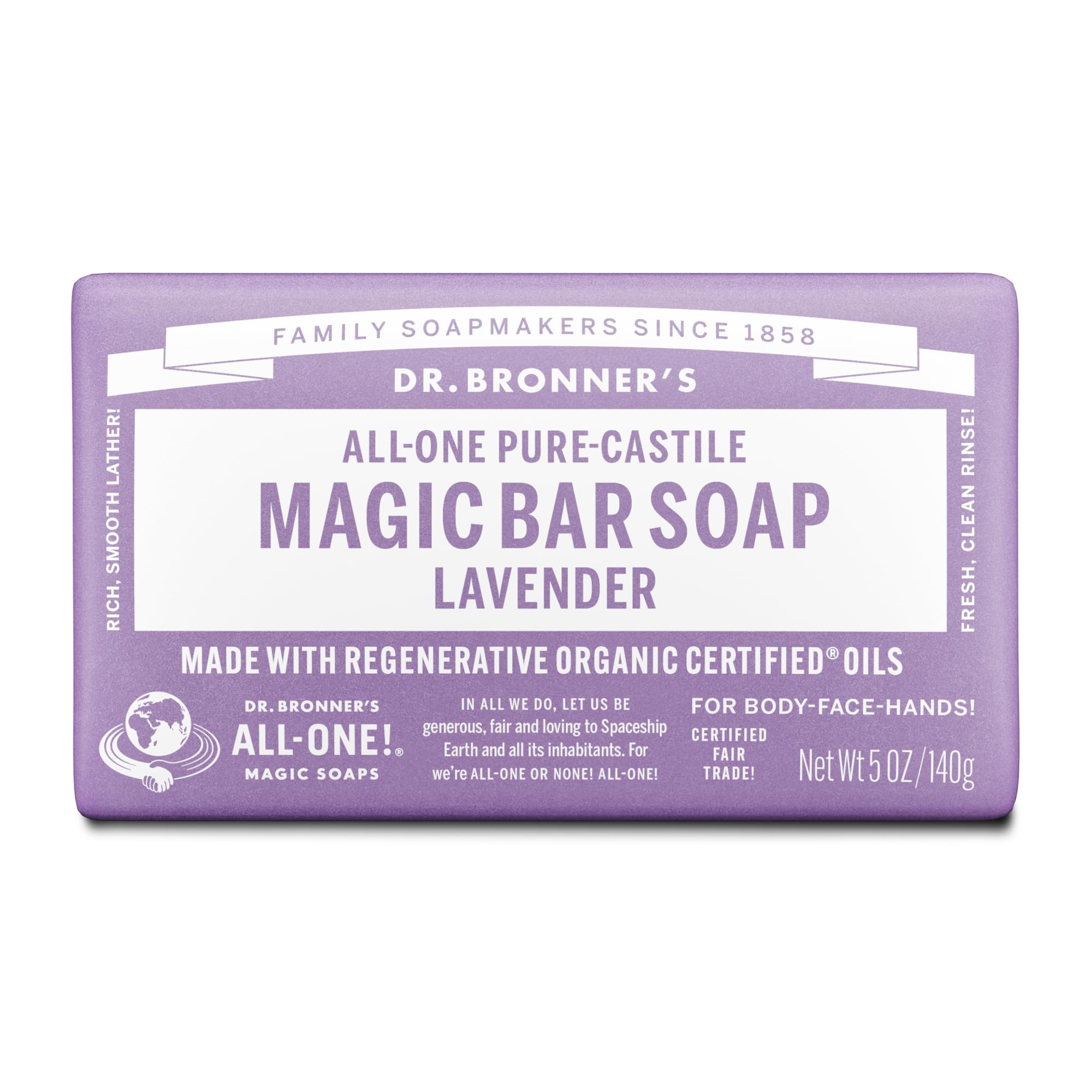 Dr. Bronner's Lavender bar soap exterior shows natural ingredients for gentle cleansing.