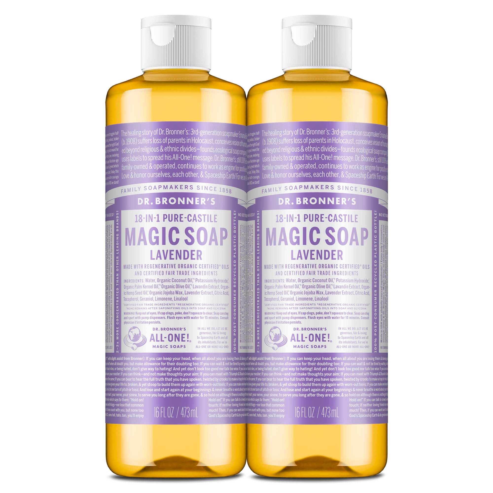 Dr. Bronner's Lavender Pure-Castile bottle for versatile skin and surface cleaning