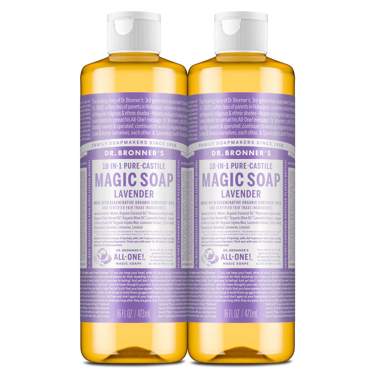 Dr. Bronner's Lavender Pure-Castile bottle for versatile skin and surface cleaning