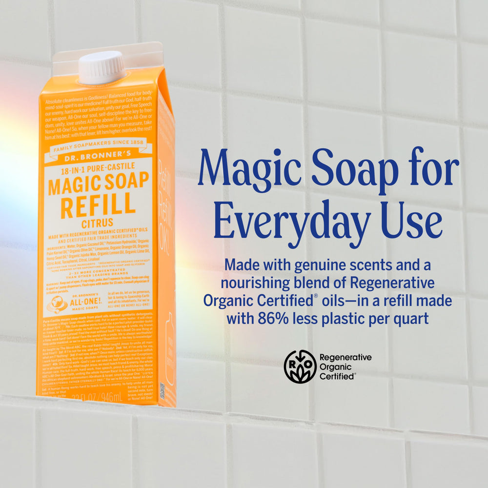 Dr. Bronner's Pure Castile Liquid Refill 2-pack shown for versatile lather and economy