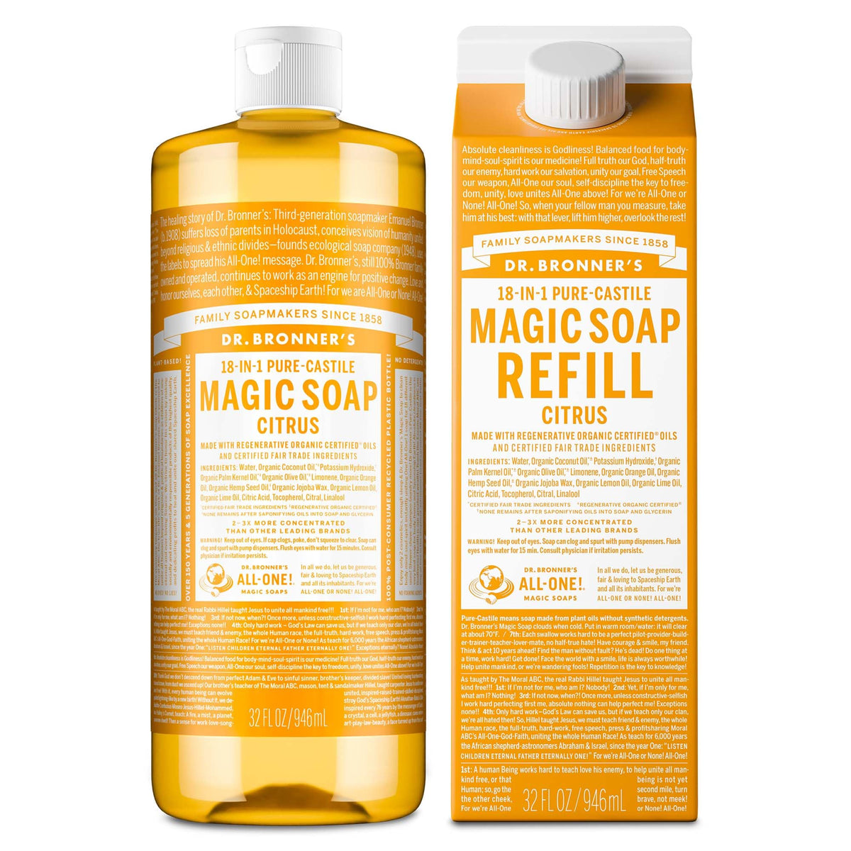 Dr. Bronner's Citrus Castile soap bottle pour for all-over cleaning