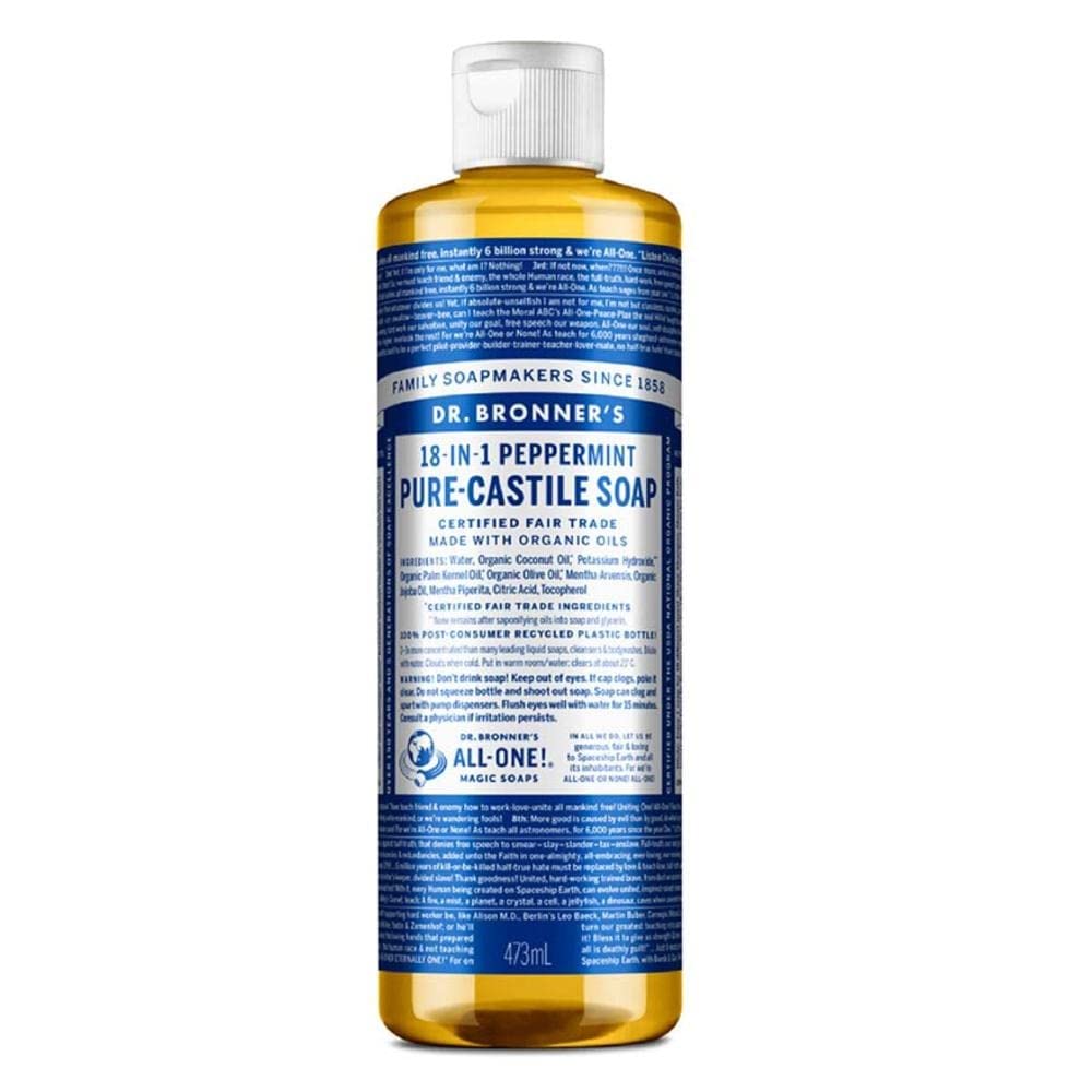 Dr. Bronner's Pure-Castile Peppermint Liquid Soap bottle with minty lather for versatile cleaning.