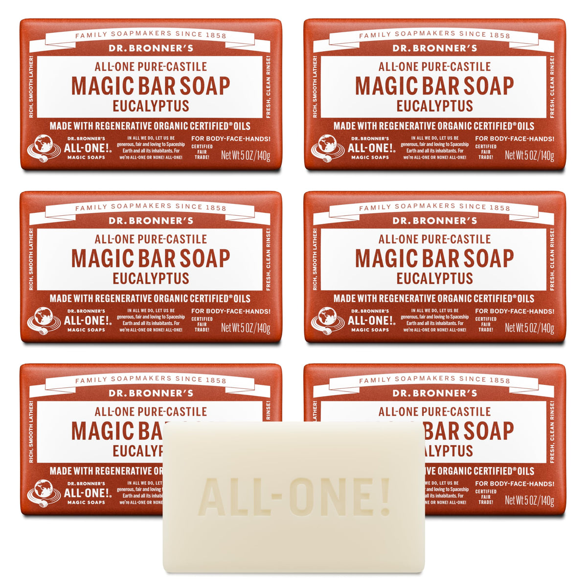 Dr. Bronner’s Pure-Castile Magic Bar Eucalyptus 6-pack wrapped in recycled paper.