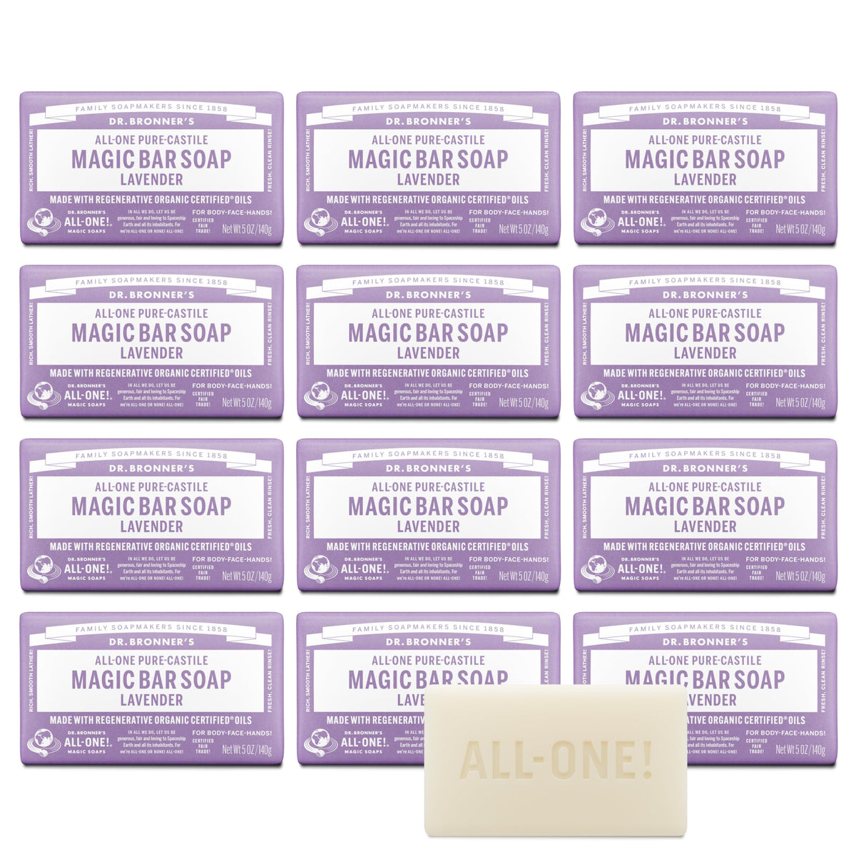 Dr. Bronner's Lavender Magic Bar close-up shows rich lather for face and body.