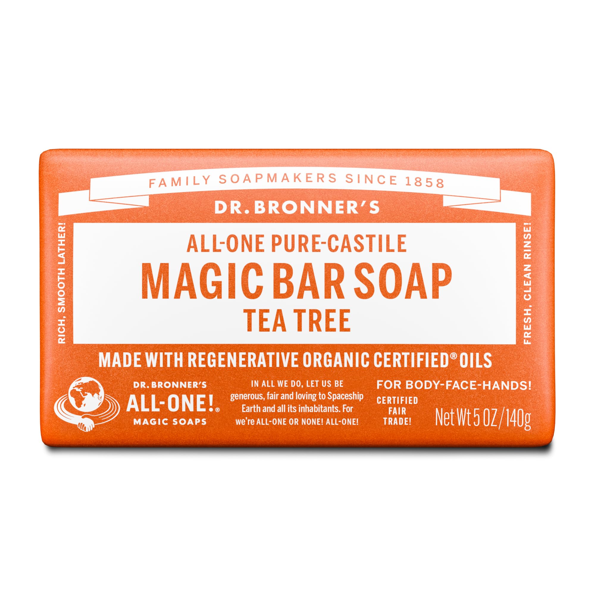 Dr. Bronner's Pure-Castile Magic Bar Tea Tree lather for refreshing cleanse.