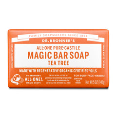 Dr. Bronner's Pure-Castile Magic Bar Tea Tree lather for refreshing cleanse.