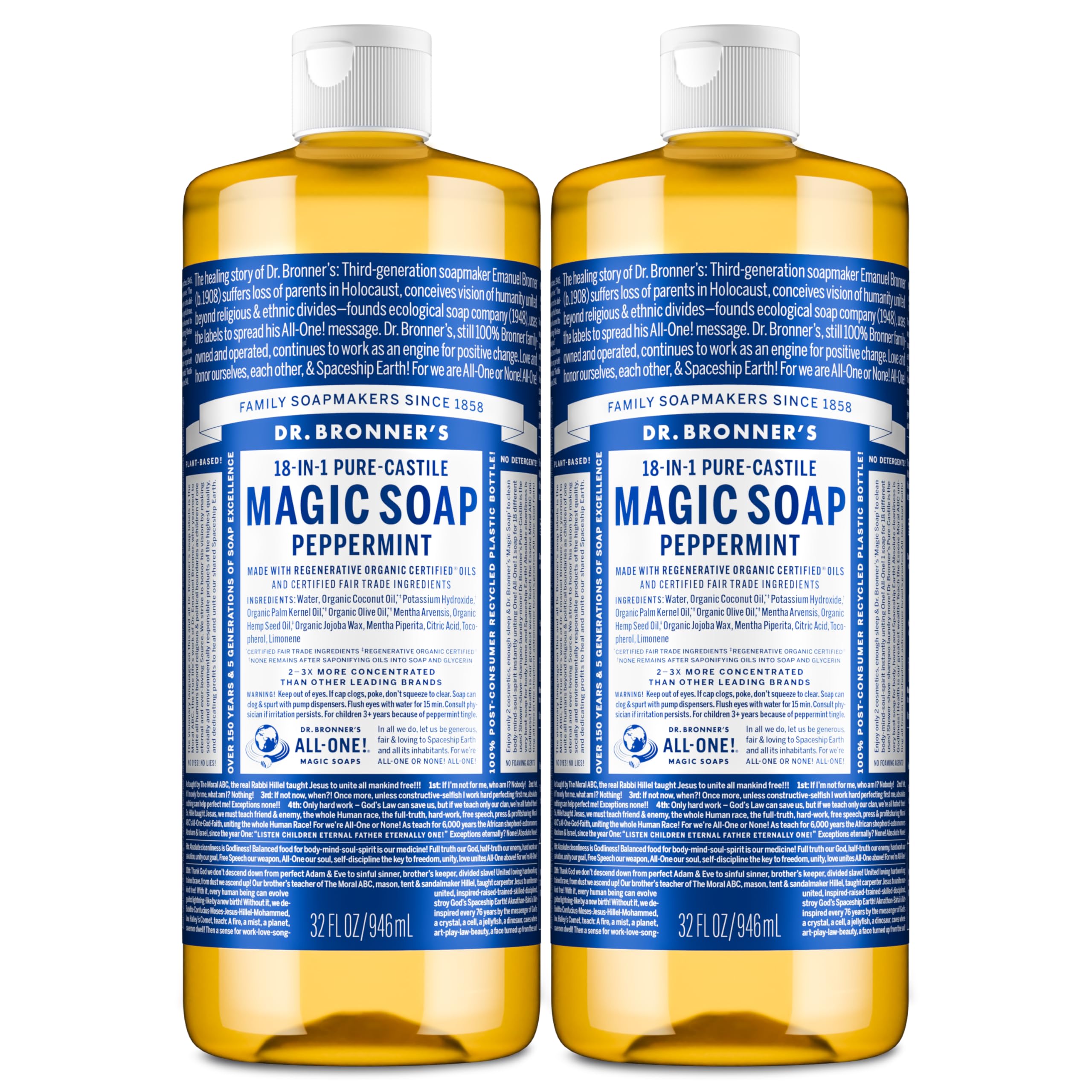 Dr. Bronner's Pure-Castile Peppermint bottle shows versatile, multi-use soap for body, dishes, and more.