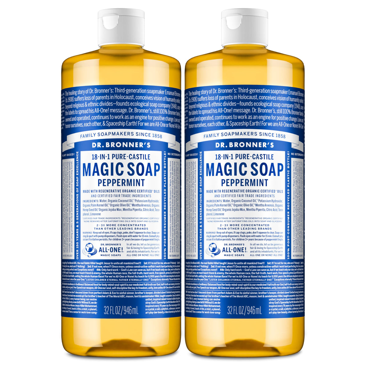 Dr. Bronner's Pure-Castile Peppermint bottle shows versatile, multi-use soap for body, dishes, and more.
