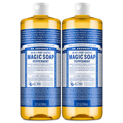 Dr. Bronner's Pure-Castile Peppermint bottle shows versatile, multi-use soap for body, dishes, and more.
