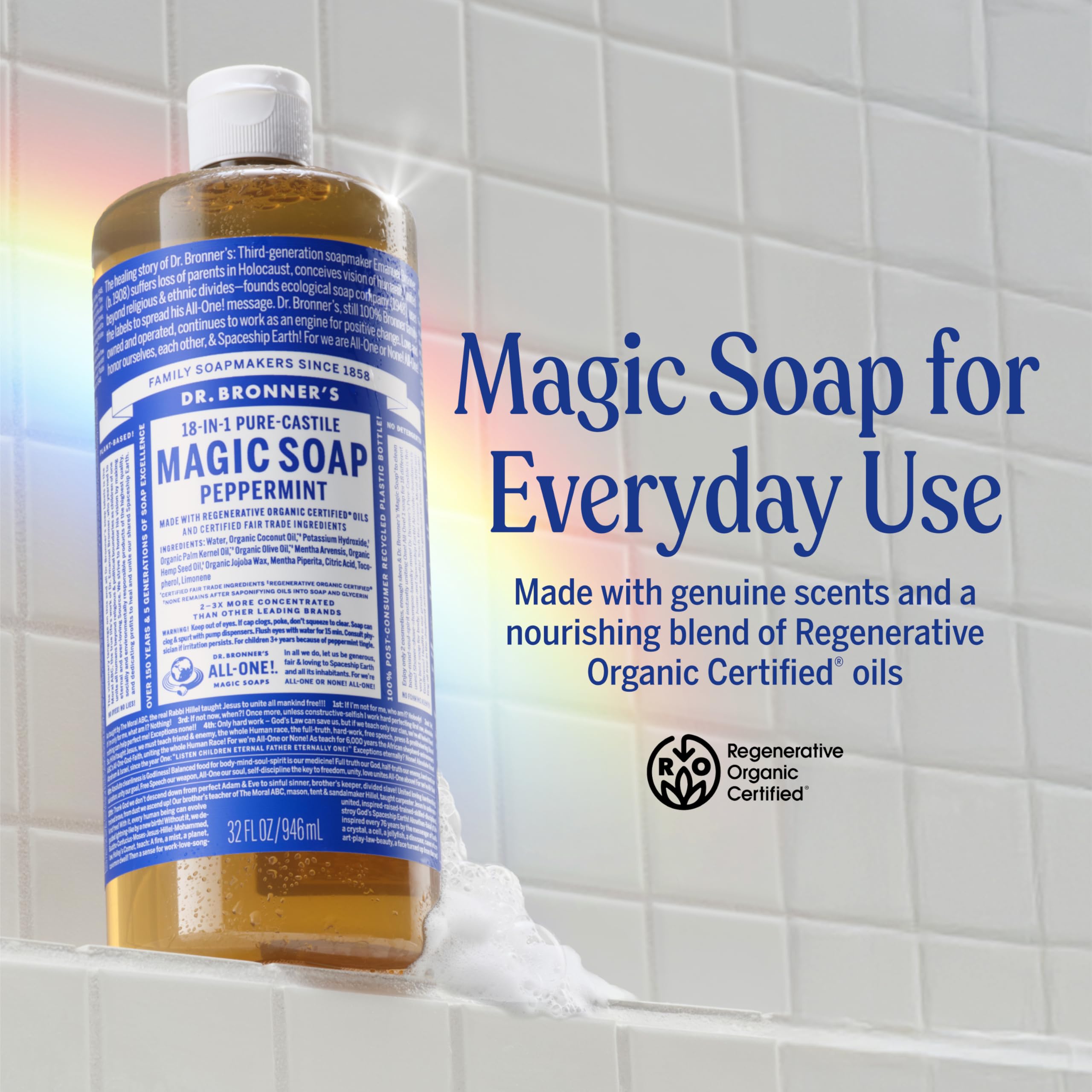 Dr. Bronner's Peppermint Pure-Castile lather demonstrates thick, cleansing foam.