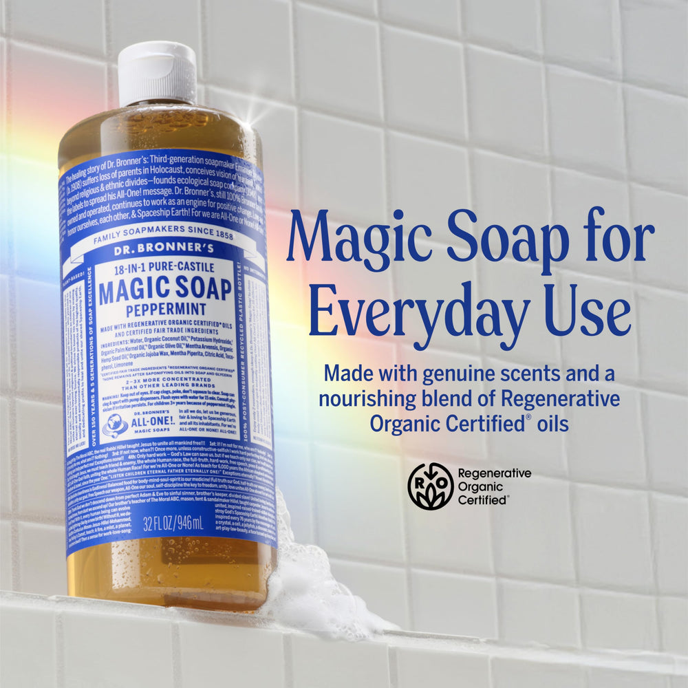 Dr. Bronner's Peppermint Pure-Castile lather demonstrates thick, cleansing foam.