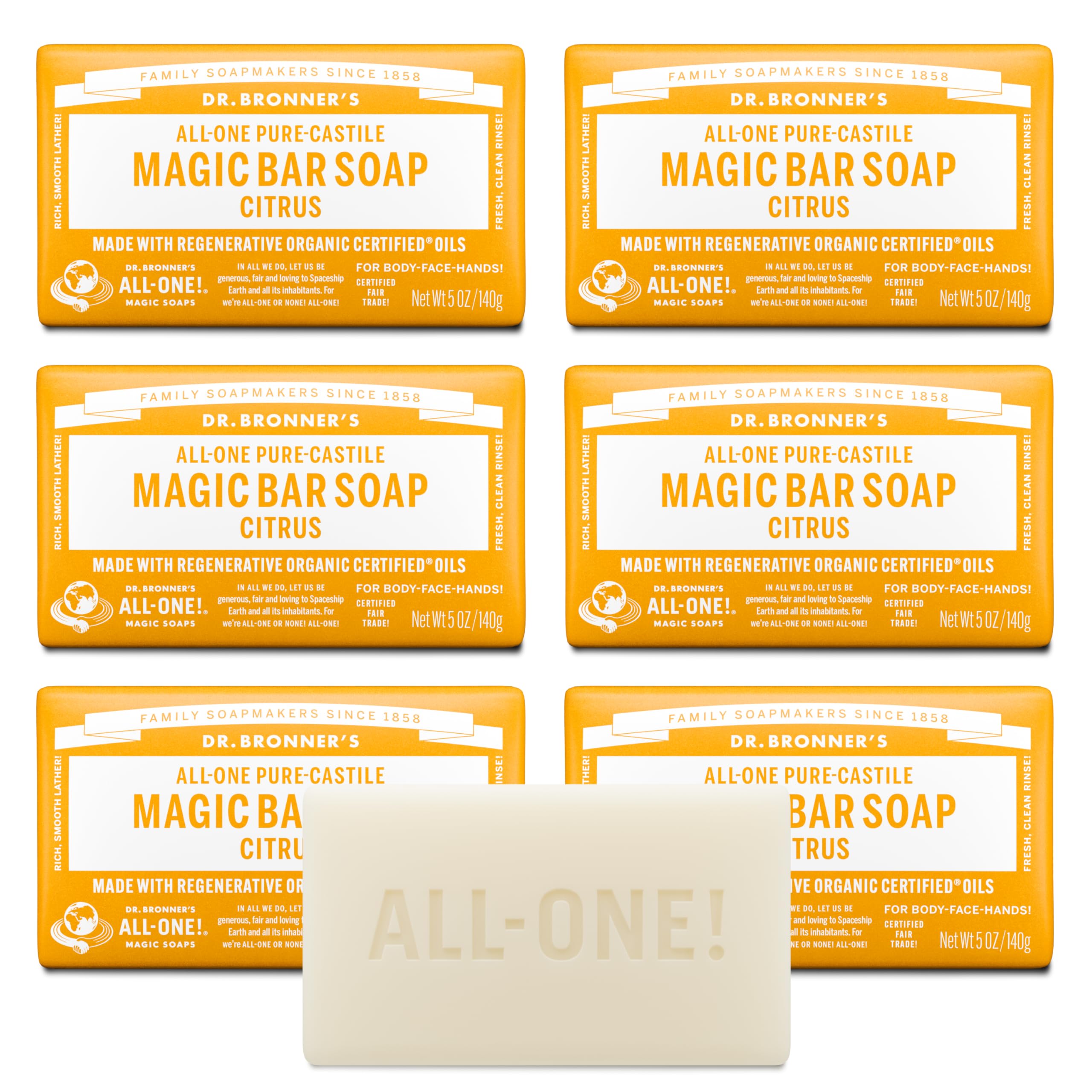 Dr. Bronner's Citrus Pure-Castile Magic Soap Bar with rich lather for face, body, and hair.