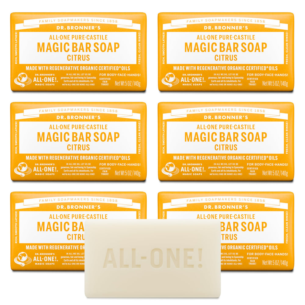 Dr. Bronner's Citrus Pure-Castile Magic Soap Bar with rich lather for face, body, and hair.