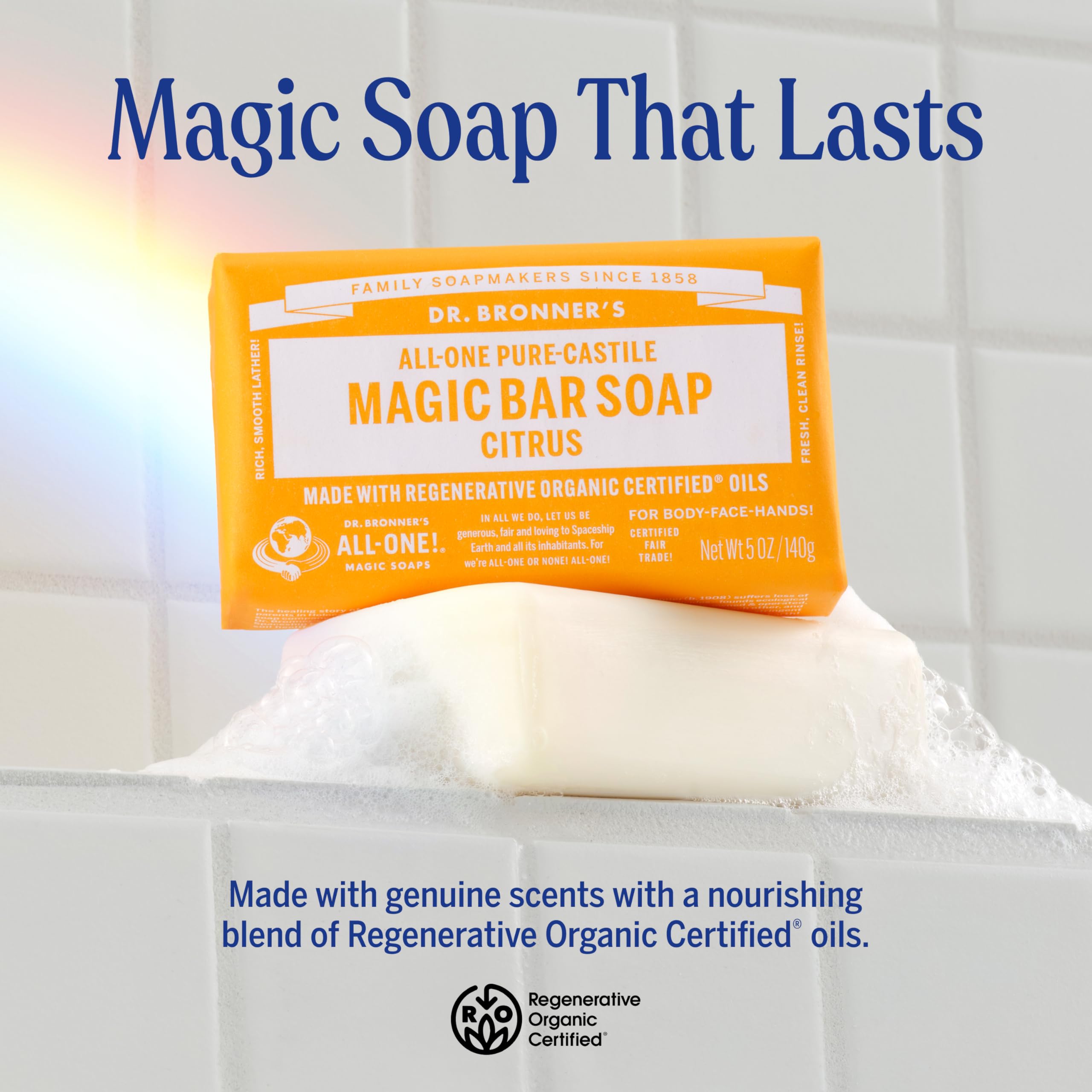 Dr. Bronner's Citrus bar provides daily vegan cleansing with plant-based oils.