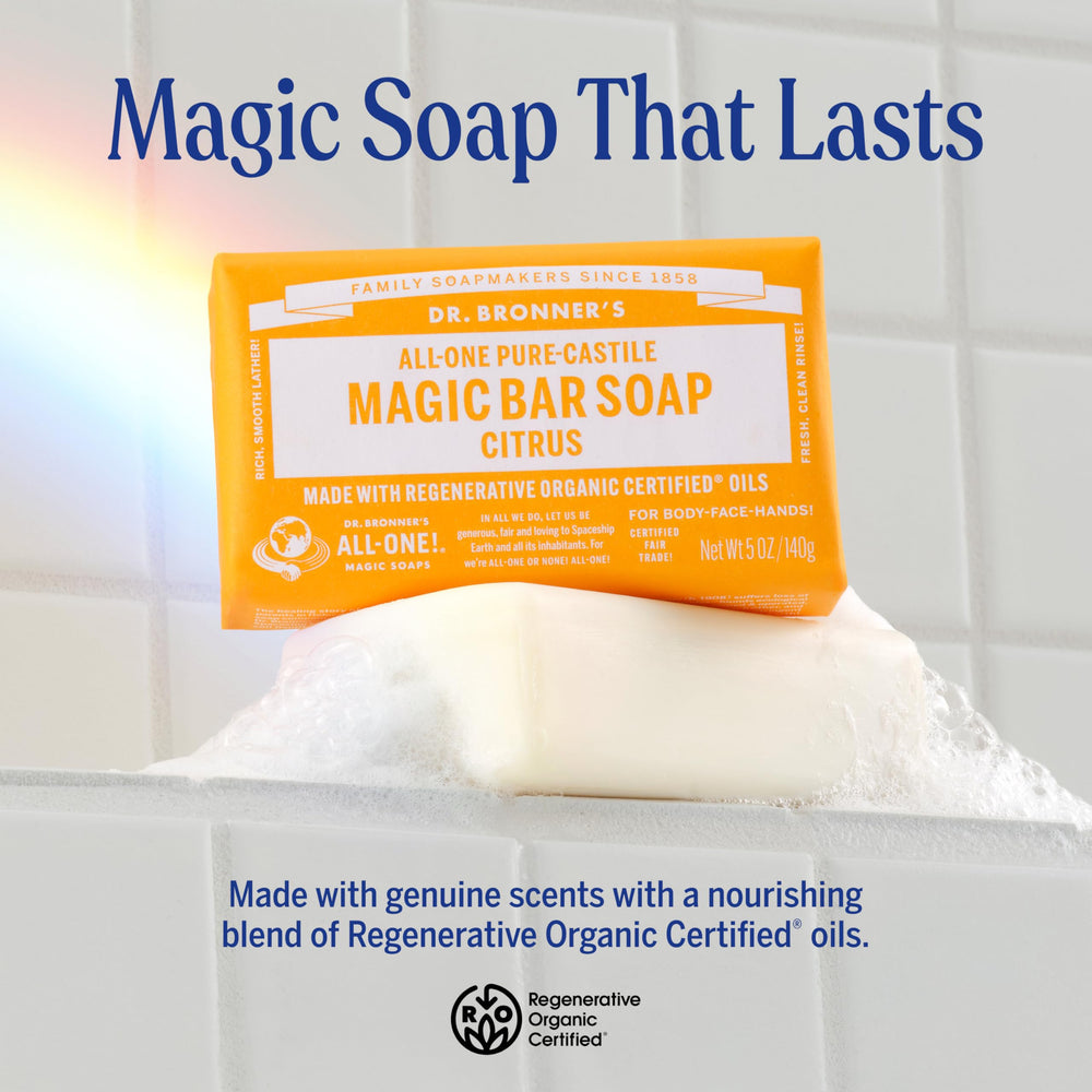 Dr. Bronner's Citrus bar provides daily vegan cleansing with plant-based oils.